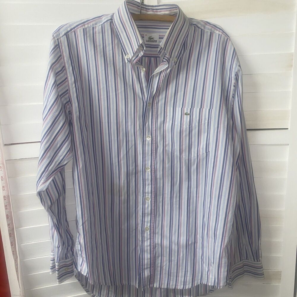 Lacoste Men’s Button Up Shirt Large 40 Multicolor Striped Alligator Logo